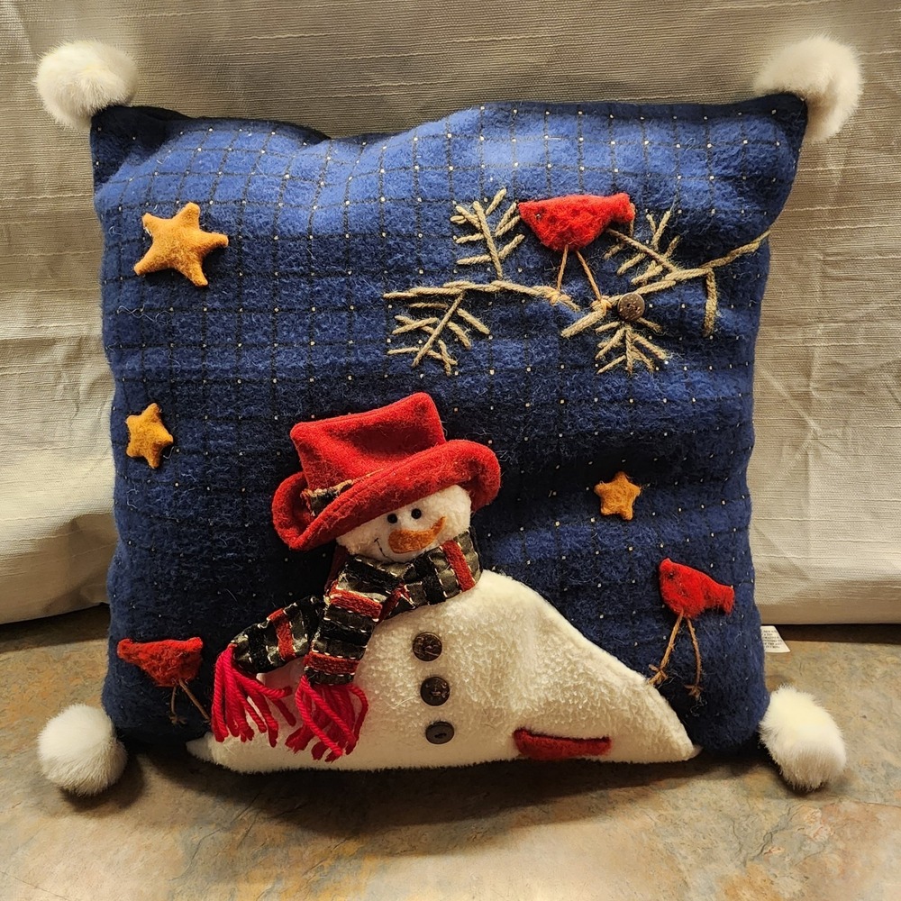 Snowman & Cardinal Throw Pillow Felt Appliqued Christmas 16x16